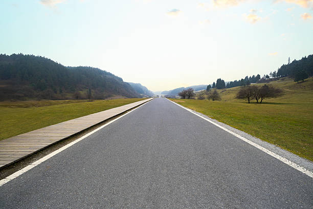 Straight road running between grassy fields and distant mountains under a bright sky