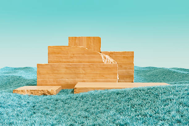 A minimalist and serene 3D rendering featuring a natural wood or stone podium set in the middle of a vast turquoise grass field. The scene is characterized by rolling hills under a soft, clear gradient sky, symbolizing spring renewal, organic growth, and premium product presentation. This high-quality visual provides a clean and professional stage for cosmetics, eco-friendly brands, and wellness products, combining a modern monochromatic landscape with a rustic, grounded pedestal element.