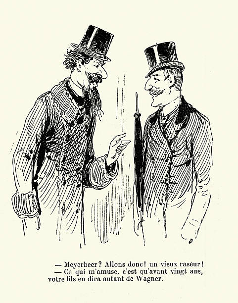 Two well-dressed men talking, Top hat and overcoat, Vintage French cartoon, Victorian Caricature, 19th Century, Illustration