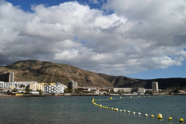 Los Cristianos, Spain, january 13, 2026 : Shoreline bordering the Atlantic Ocean of the town of Los Cristianos on the island of Tenerife