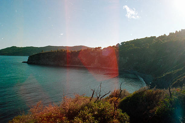 Azure sea water meeting a secluded beach and lush green hills under a bright clear sky, with a sun flare. Scanned from analog film