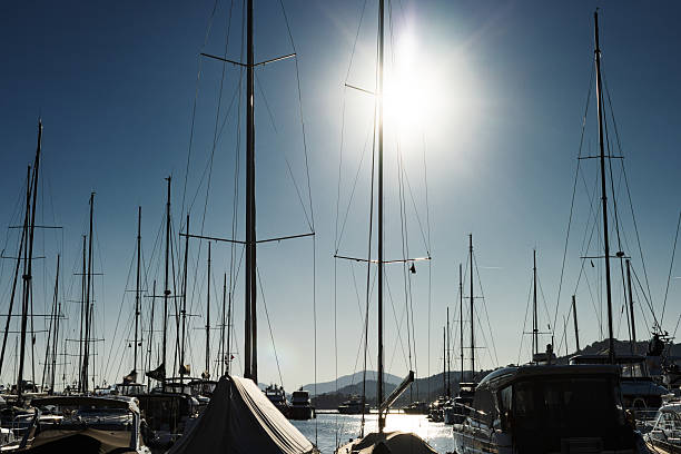 Southern France, landscape of French Riviera. Antibes-Juan-les-Pins, yachts and boats in the port. Toned image