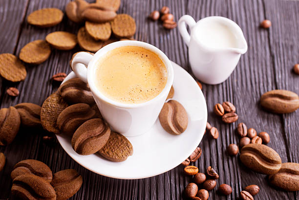 Coffee time, cappuccino, cookies and cake.