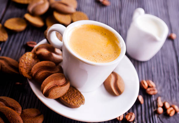 Coffee and cookies. Chocolate cookies and coffee cup, breakfast concept. Copy space.
