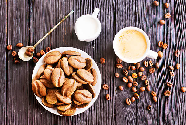 Coffee and cookies. Chocolate cookies and coffee cup, breakfast concept. Copy space.