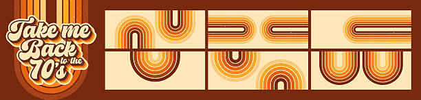 Retro groovy banners with a stripe rainbows, painted in warm boho colors with texture and logo.