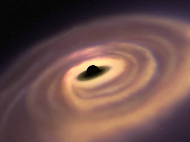 Supermassive black hole with accretion disk in space. Wormhole absorbs matter. Singularity warps space.