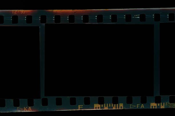 Horizontal scan of thirty five millimeter vintage film strip with three blank frames on black background for cinematic design