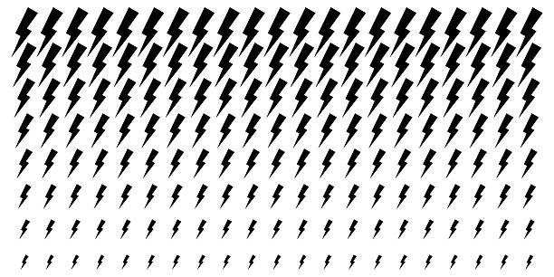 Black thunder bolt signs on white background. Wallpaper with lightning or flash, energy or power, danger or shock, dramatic or boom cartoon symbols. Vector graphic illustration.