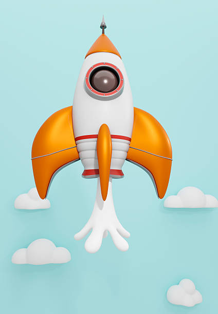 A whimsical 3D render of a retro-style rocket ship with orange fins and a white body, ascending through a clear blue sky dotted with fluffy white clouds, emitting white exhaust