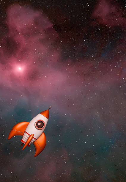 A stylized vintage rocket embarks on an interstellar journey amidst a colorful cosmic cloud and countless stars