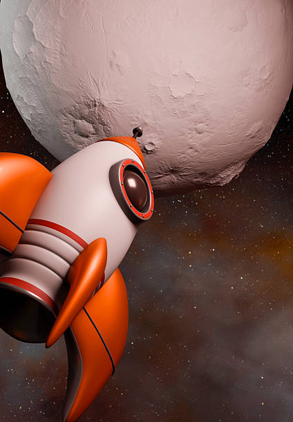 A whimsical, stylized rocket with orange fins and red stripes journeys through the cosmos, approaching a detailed celestial body