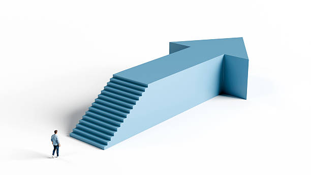 Man walking toward a staircase built into a giant rising arrow representing a direct path to career success and goal achievement, 3d render