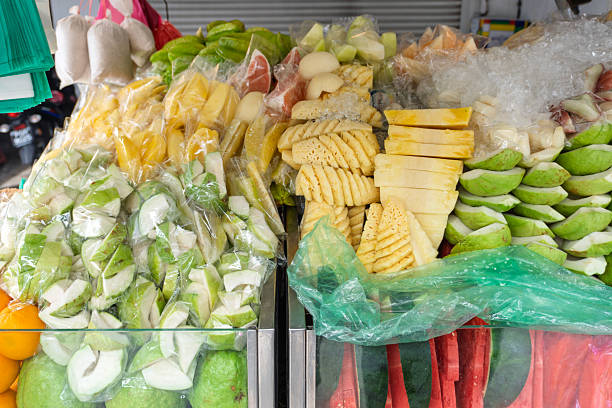 Fresh Cut Tropical Fruits Displayed at Malaysian Street Stall
