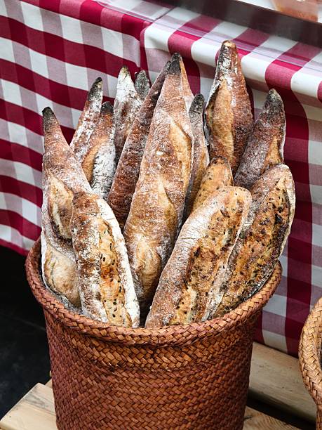 Freshly baked baguettes in a woven basket on a checkered tablecloth