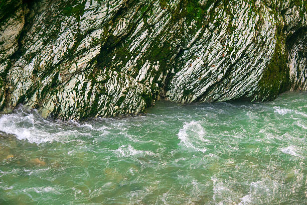 Mountain river with clear water and green moss on the rocks.