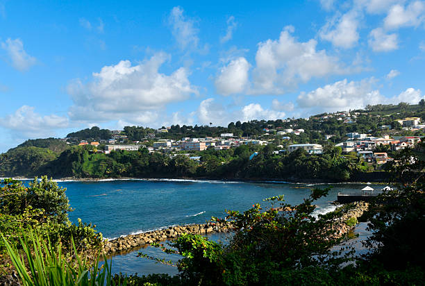 Le Marigot, Martinique:  situated on the North Atlantic coast of Martinique, Le Marigot is a municipality in the arrondissement of La Trinité with a population of approximately 3,000. The town is geographically defined by its natural amphitheater topography, sloping steeply from the volcanic interior down to the ocean. Historically separated from the neighboring commune of Le Lorrain to become an independent municipality in 1889, its name derives from the marshes (marécages) that once occupied the coastal flats. The local economy is predominantly agricultural, driven by extensive banana plantations which constitute the primary land use.