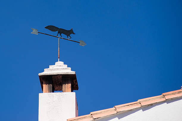 A black metal weather vane featuring a fox silhouette pointing the wind direction, mounted on top of a traditional white-washed chimney. The vibrant blue sky provides a high-contrast background for this rustic architectural detail.