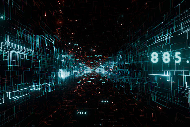 futuristic digital tunnel with glowing blue circuit lines and flying numbers. High-speed data transfer concept, cyber world, and big data visualization on dark background.