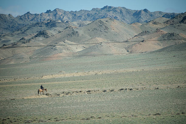 A lone horseback rider in the desert land of Altay