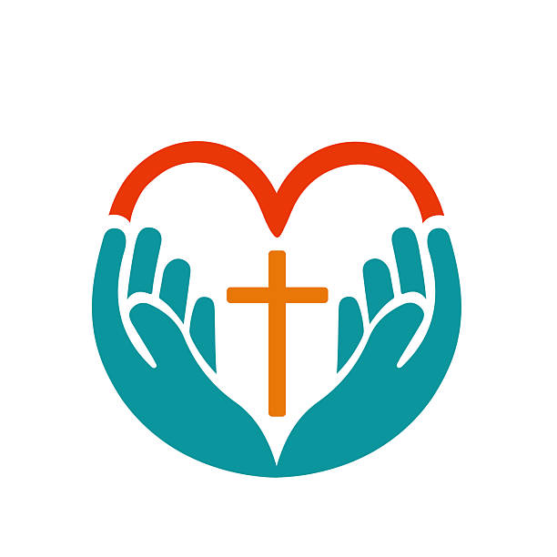 Christian logo. Hands with catholic cross and sunburst.
