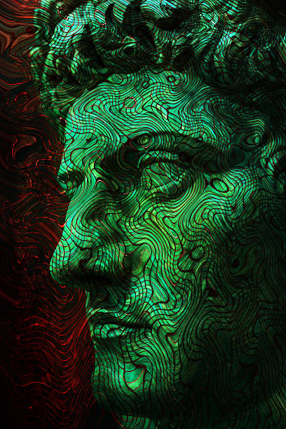 Abstract digital artwork depicting the face of a classical Roman stone sculpture overlaid with flowing, wavy patterns and layered textures. The image is dominated by deep green tones with subtle red and dark accents, creating a strong sense of depth and movement across the sculpted features.