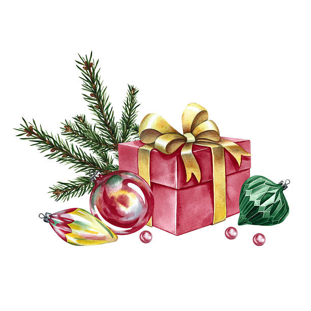 Christmas composition, gift box, decorations, and a spruce branch. Hand-drawn watercolor illustration. For Christmas and New Year design for greeting cards, posters, banners, packaging, and more