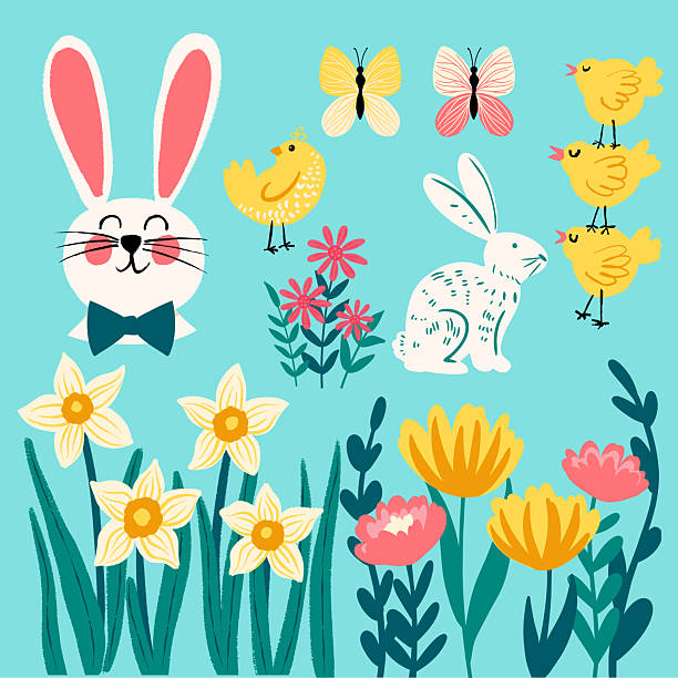 A cute set of Easter holiday and spring themed elements on a flat color background. Comes with high resolution jpeg.