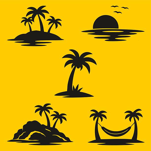stockillustraties, clipart, cartoons en iconen met tropical island beach palm silhouettes - eiland