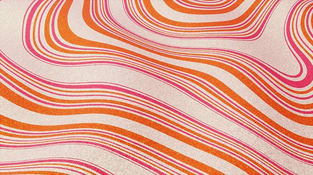 Horizontal abstract 3D retro groovy waves glitter vibrant copyspace background, colorful pink orange gradient with 70s disco swirl lines and stripes for banner, poster, branding