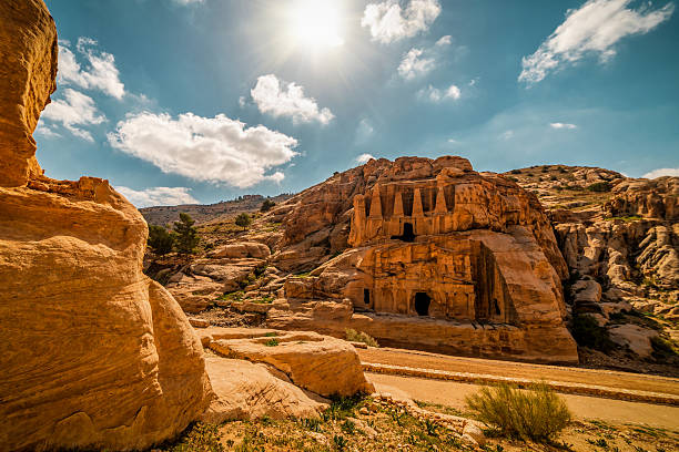 Ruins in old city Petra in Jordan under sunlight. Travel and vacation theme