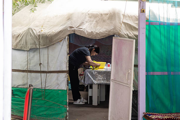 Focused Asian woman prepares food in yellow bowl on patterned cloth table inside a yurt in Cholok, Kyrgyzstan - July 16, 2024