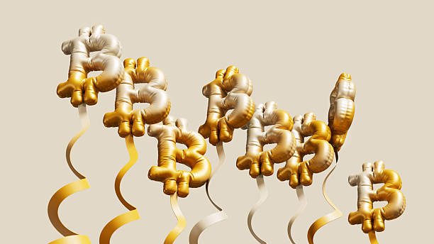 Metallic Bitcoin-shaped balloons float upward, expressing crypto bull run, optimism, and digital assets momentum. Clean backdrop with copy space.