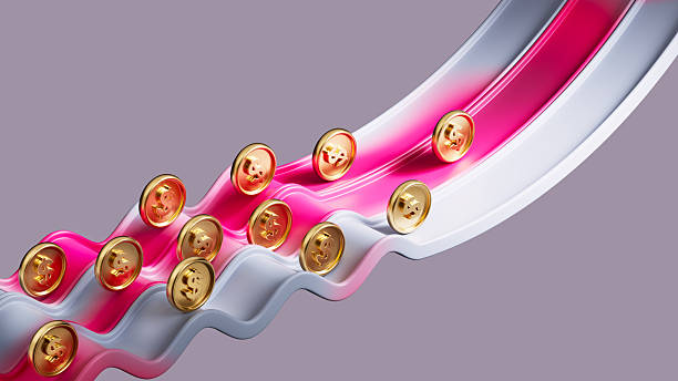 Gold coins travel along a smooth pink-white ramp, visualizing rising revenue, cashflow channels, and data-driven growth. Clean background, copy space.