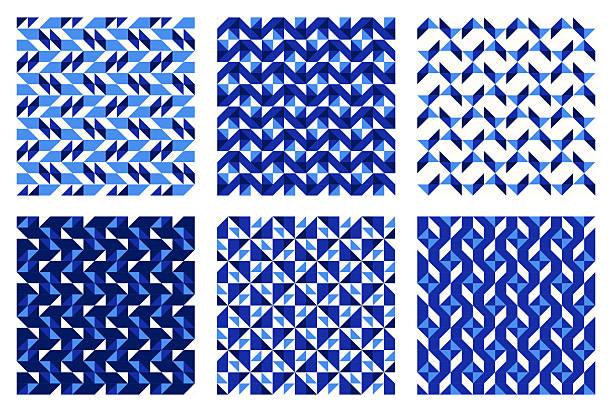 Indigo cobalt blue, color tessellation set, bundle of modern seamless vector patterns. Neutral retro colors. Repeatable design for fabric collection, wallpapers,