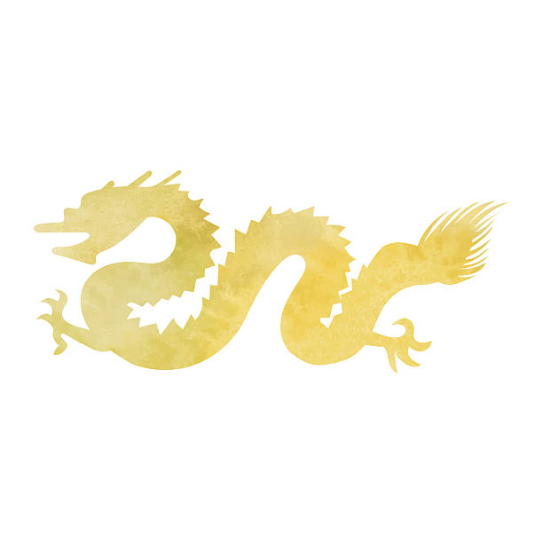 Hand drown Gold Dragon Silhouette Illustration, Japanese Zodiac Design, Isolated, vector, retro, cutout, icon, transparent background, Japanese retro Design, celebration, luxurious, lucky charm, watercolor texture, card, icon, new year card, Chinese New Year, New Year,