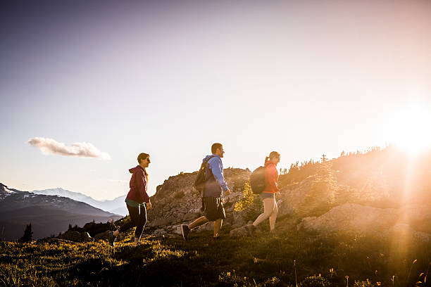Friends hike in alpine below glaciated mountains, Whistler, British Columbia