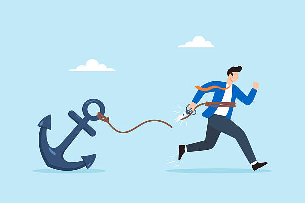 istock Flat illustration of businessman cutting rope tied to heavy anchor while running forward representing breaking free from limitation removing constraint personal freedom independence 2260163185