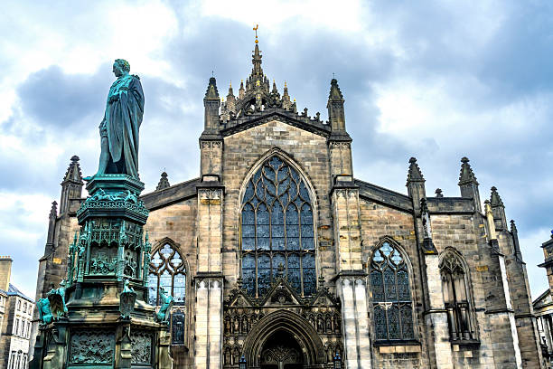 Walter Francis Statue Outside St Gile's Cathedral Edinburgh Scotland. Cathedral first built in 1300s. Duke Walter Francis Brought King George IV to Scotland After 1745 Rebellion. Established Edinburgh Port of Grafton. Statue erected 1888. Sculptor Joseph Boehm.