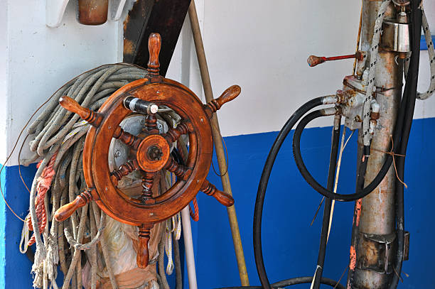 Sailing boat control wheel and implement, copy space, full frame horizontal composition