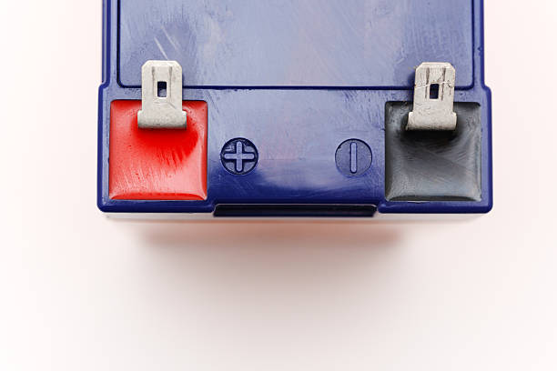 A battery designed for an uninterruptible power supply is shown. It features positive and negative terminals on its top side and is compact for various uses.