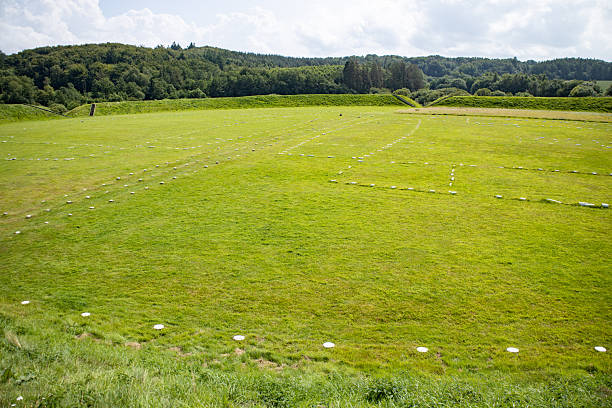 Hobro, Denmark, August 08, 2025: Fyrkat is a former Viking ring fortress and it is located near the town of Hobro in Denmark