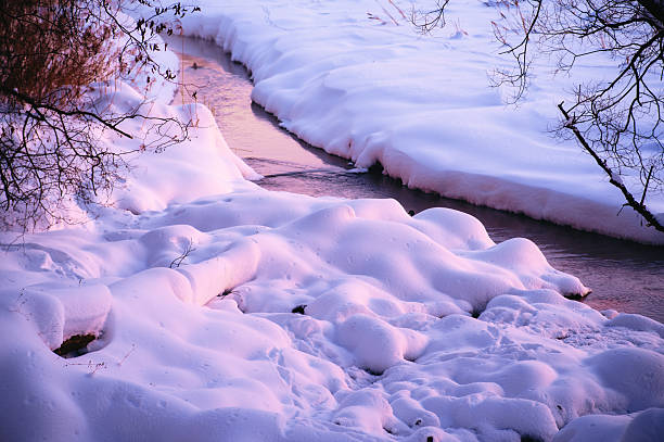 Winter landscape of city of Yekaterinburg at sunset, Russia. Iset river, embankment, circus building. Copy space