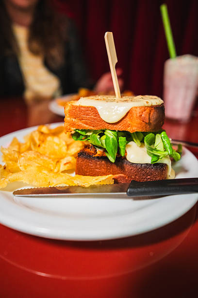Grilled cheese sandwich with melting cheese, salad, and chips on a white plate