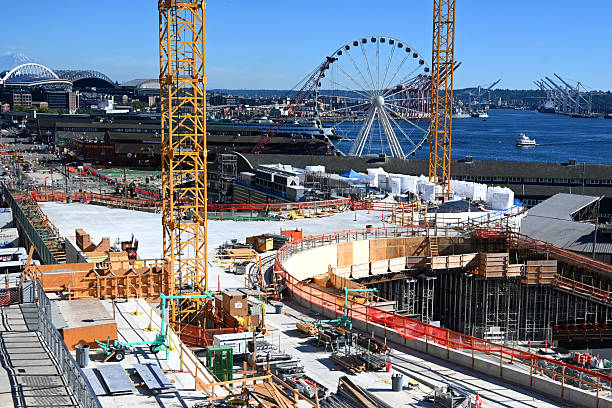 Seattle, WA, USA - August 3, 2023: The construction in Seattle. Construction crane.