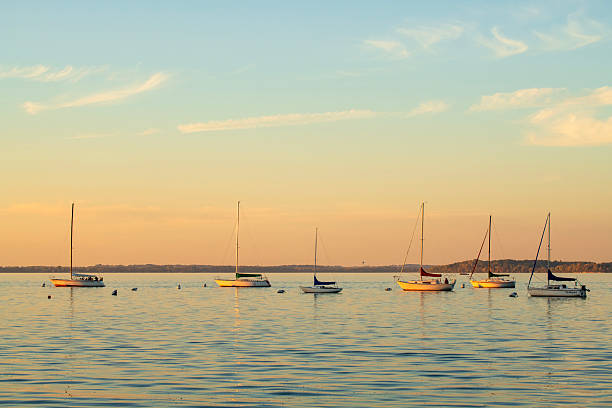 Madison, USA - October 13, 2025. Yachts on Lake Mendota in University Bay, Madison, Wisconsin, USA