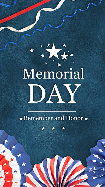 Patriotic Memorial Day vertical composition with Remember and Honor text, stars, and decorative paper fans on blue texture. Ideal for social media stories, holiday tributes, and American events