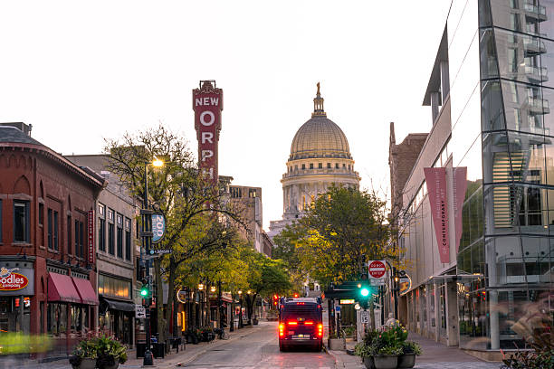 Madison, USA - October 14, 2025. State Street at dawn in downtown Madison, Wisconsin, USA