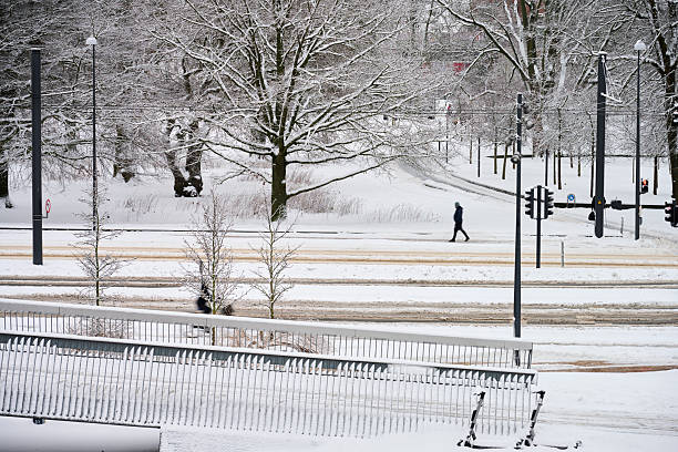 A city park covered with snow in winter