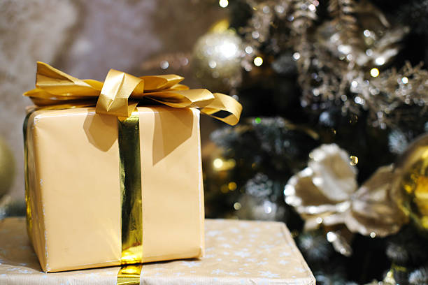 beautiful gift boxes with gold wrapping and ribbon. Holiday, Boxing Day, Party, Congratulations